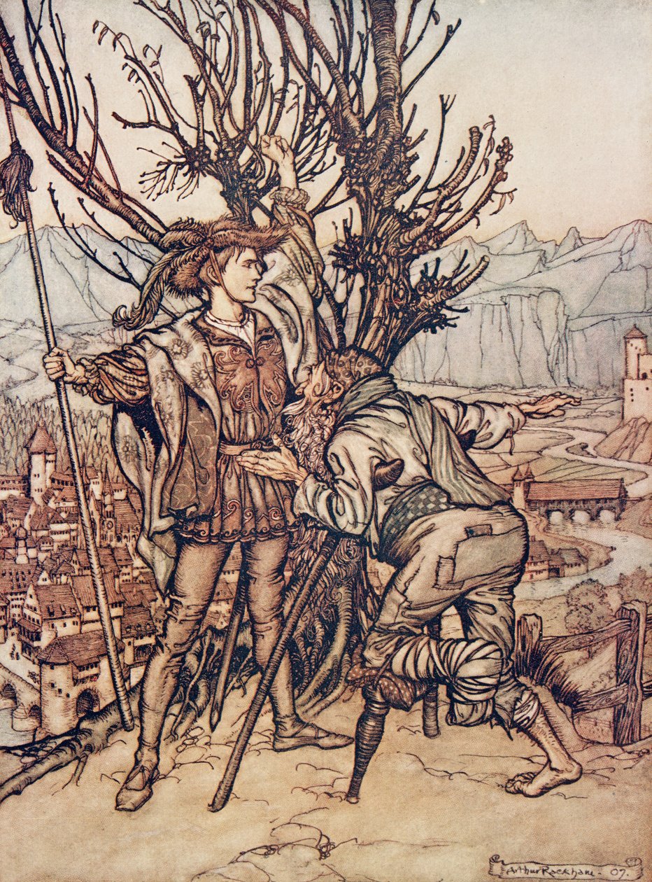 Den unge prinsen sa at jeg ikke er redd; Jeg er fast bestemt på å gå og se på den vakre Briar Rose ?, fra The Fairy Tales of the Brothers Grimm, pub. 1909 av Arthur Rackham