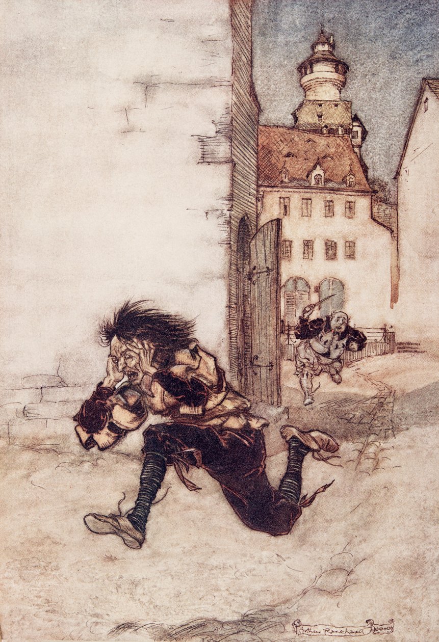 Så løp han etter ham, fortsatt med utskjæringskniven, og gråt Bare én, bare én! fra The Fairy Tales of the Brothers Grimm, pub. 1909 av Arthur Rackham