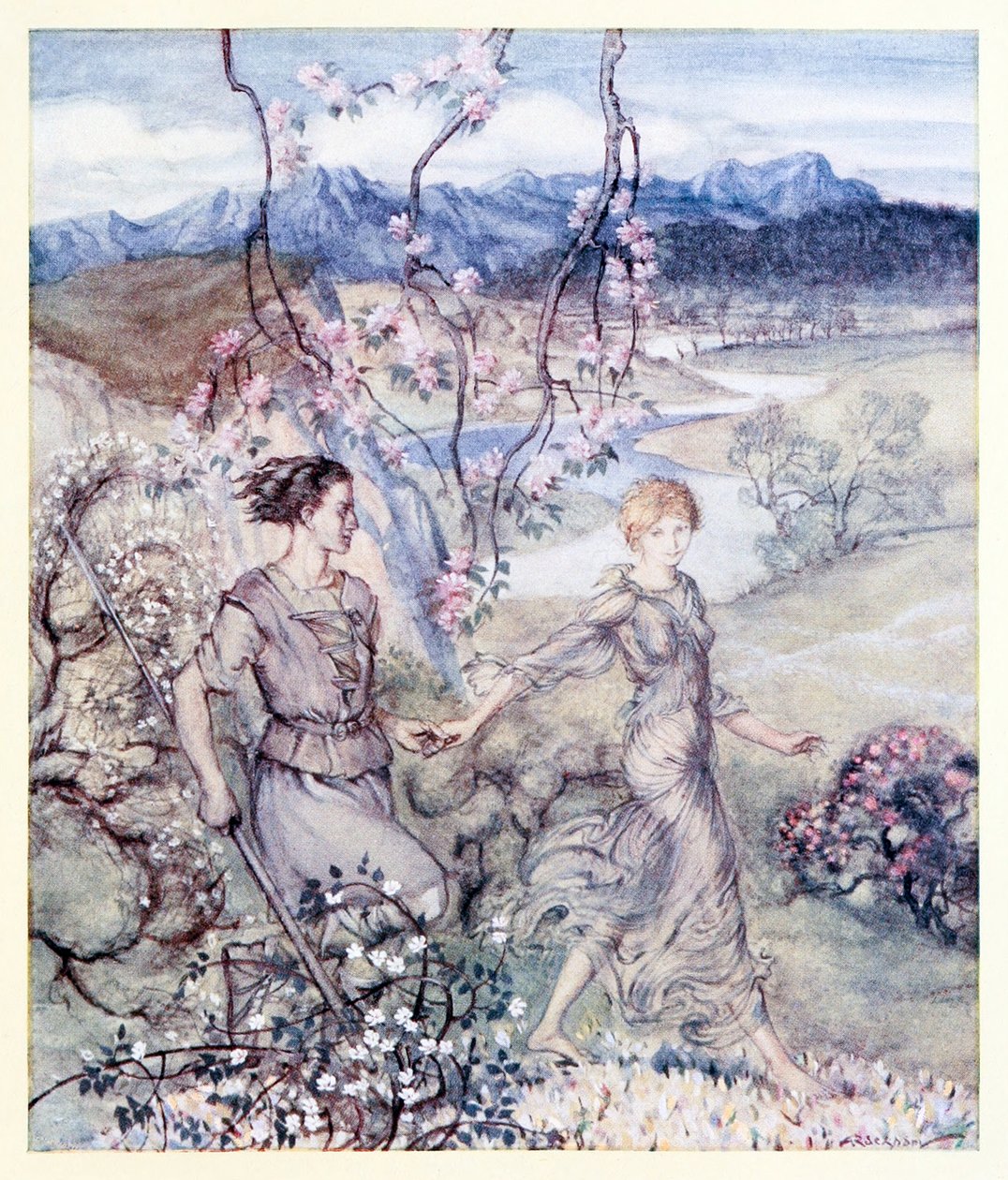 Så gikk de [Iollan og Tuiren] hånd i hånd i landet som lukter epleblomst og honning. fra The Birth of Bran i Irish Fairy Tales av Arthur Rackham