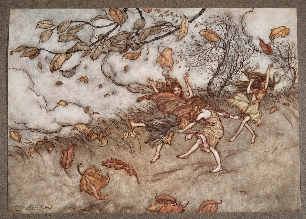 Det er nesten ingenting som har så stor sans for moro som et falt løv, fra Peter Pan i Kensington Gardens av J M Barrie (1860 - 1937), pub. 1906 av Arthur Rackham