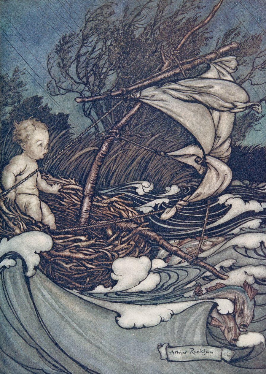 Det steg nå en mektig storm, og han ble kastet denne veien og den.., fra Peter Pan i Kensington Gardens av J M Barrie (1860 - 1937), pub. 1906 av Arthur Rackham