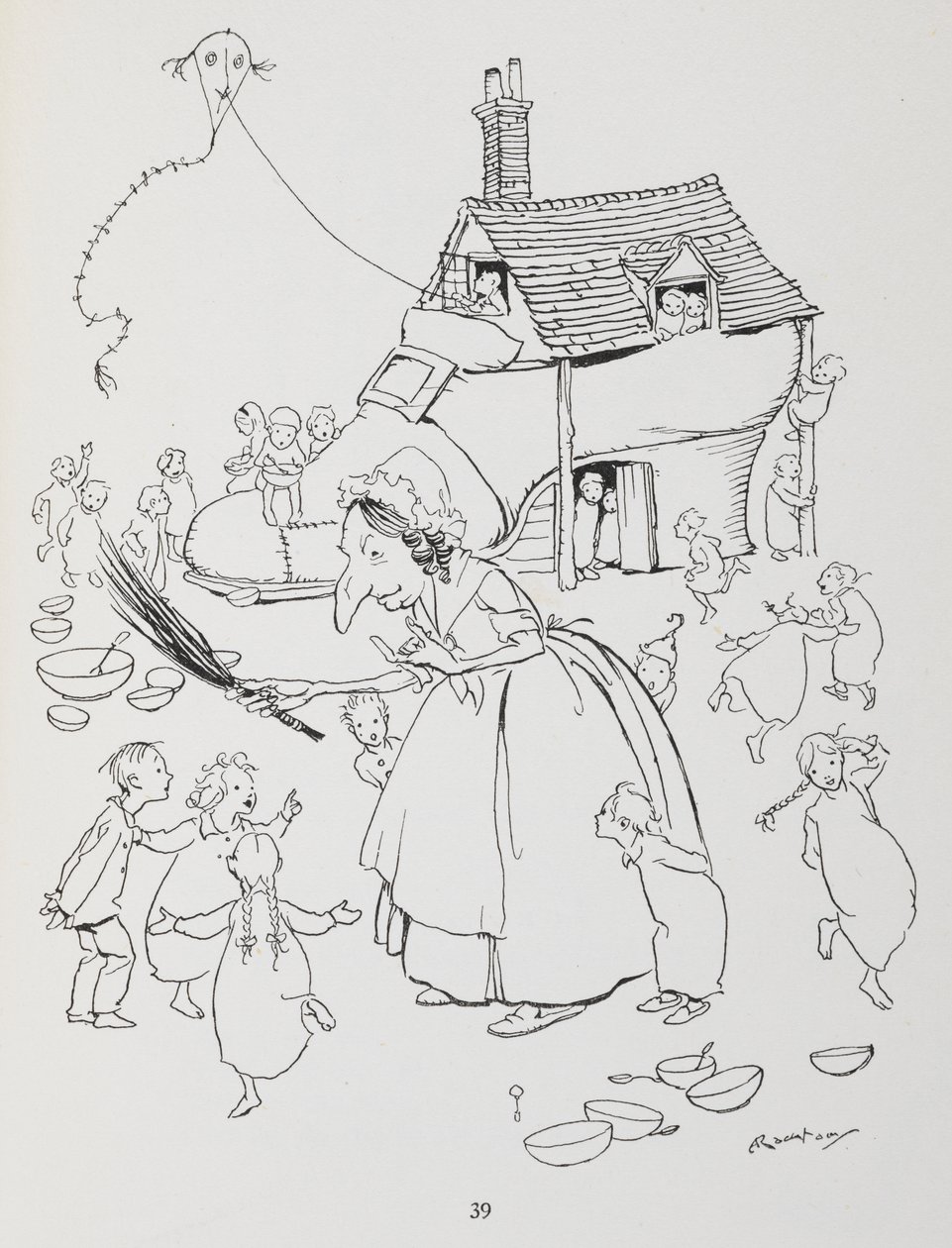 Det var en gammel dame som bodde i en sko. Kvinne med skohus og mange barn. av Arthur Rackham