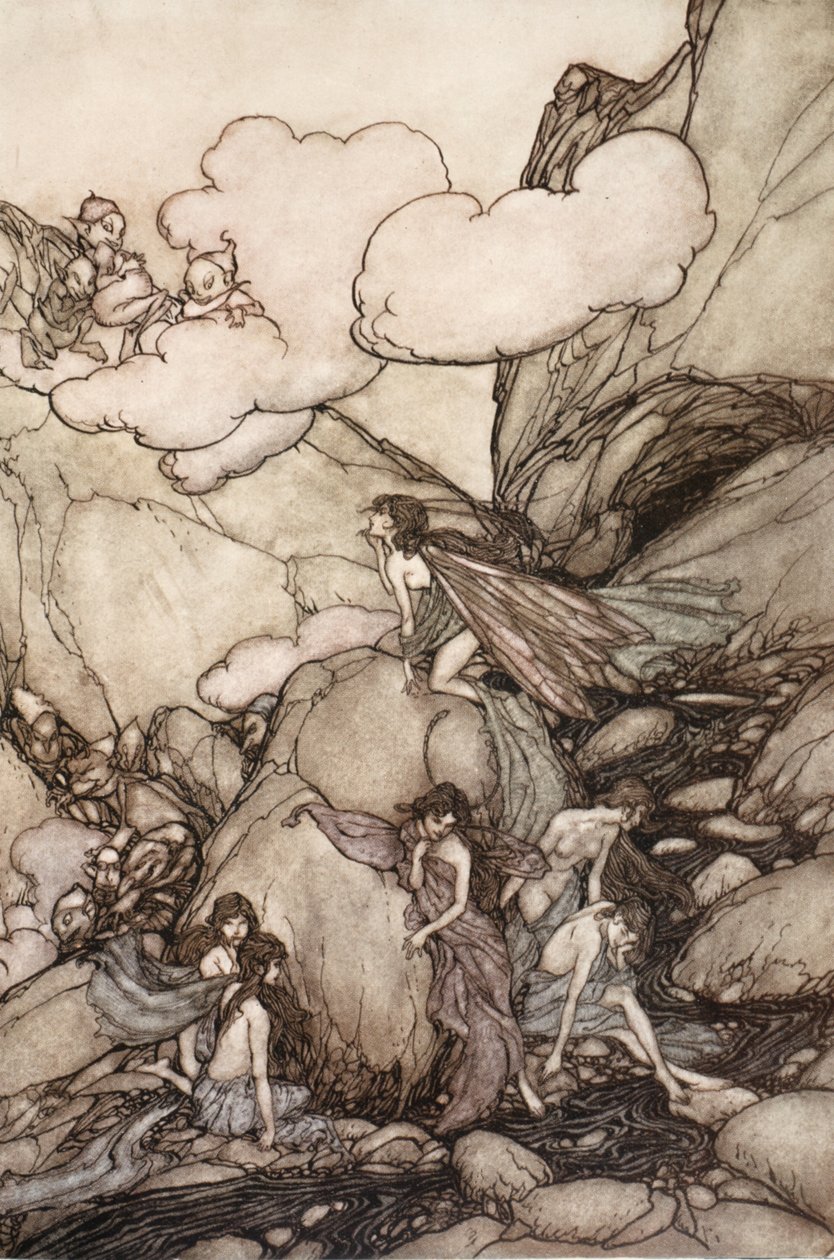 Disse eventyrfjellene, fra Rip Van Winkle av Washington Irving, pub. 1910 av Arthur Rackham