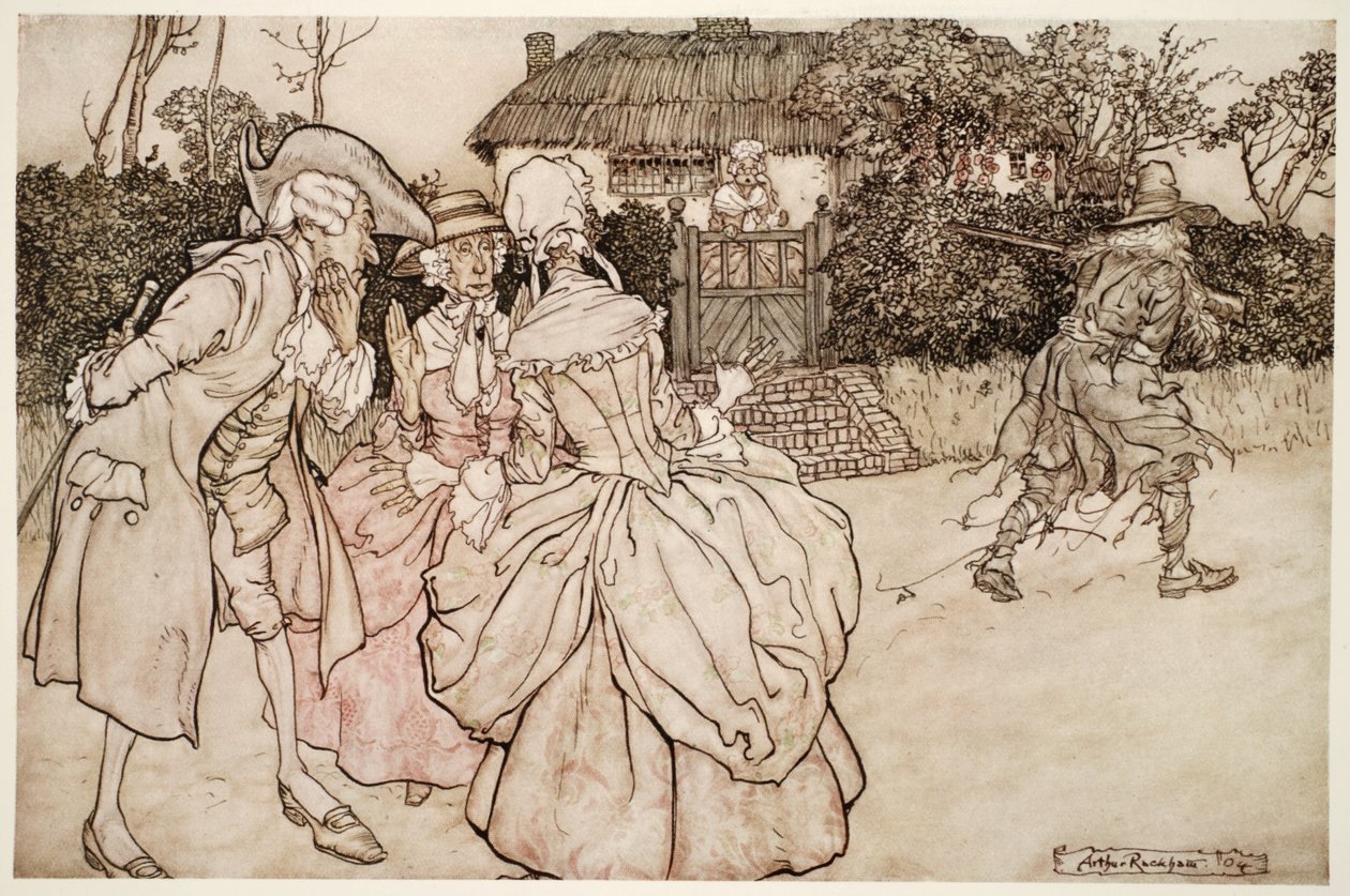 De stirret alle på ham med like store overraskelsesmerker og strøk alltid over haken., fra Rip Van Winkle av Washington Irving, pub. 1910 av Arthur Rackham