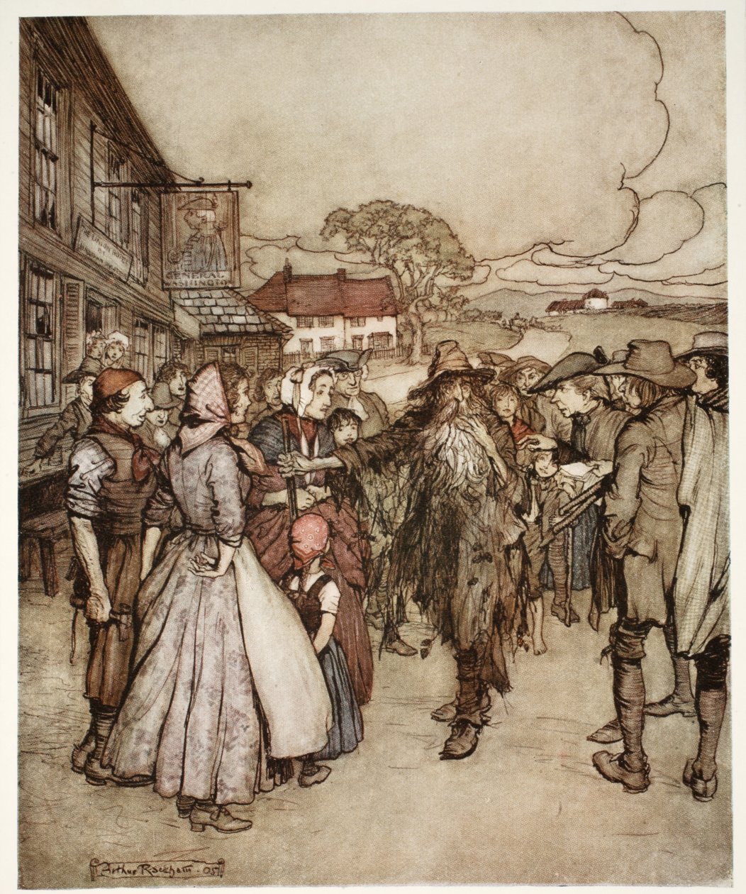 De stimlet rundt ham og så på meg fra topp til fot med stor nysgjerrighet. Fra Rip Van Winkle av Washington Irving, pub. 1910 av Arthur Rackham