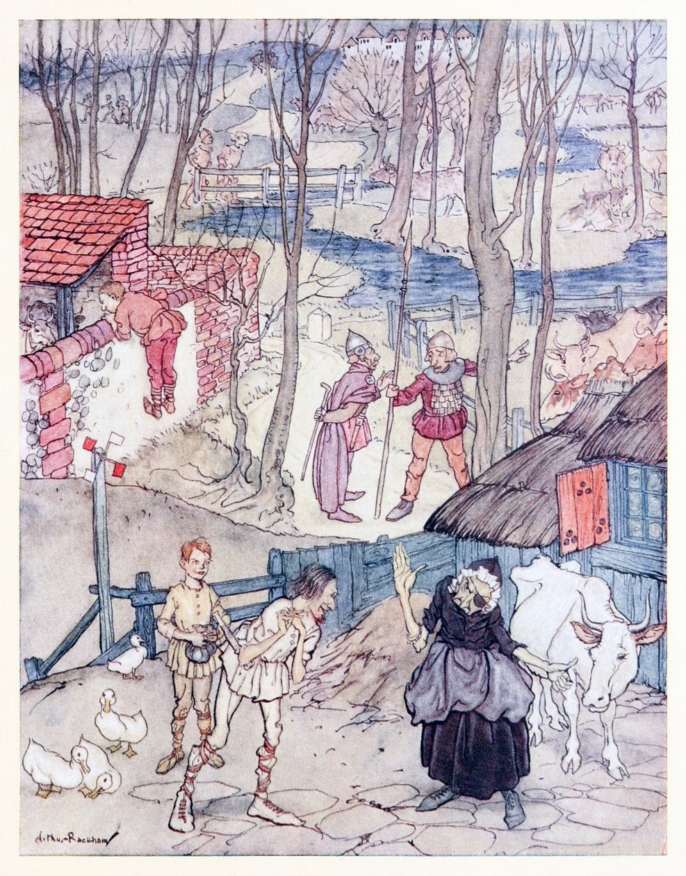 De tilbød en ku for hvert ben av kua hennes, men hun ville ikke akseptere det tilbudet med mindre Fiachna gikk kausjon for betalingen. fra Mongans Frenzy in Irish Fairy Tales av Arthur Rackham