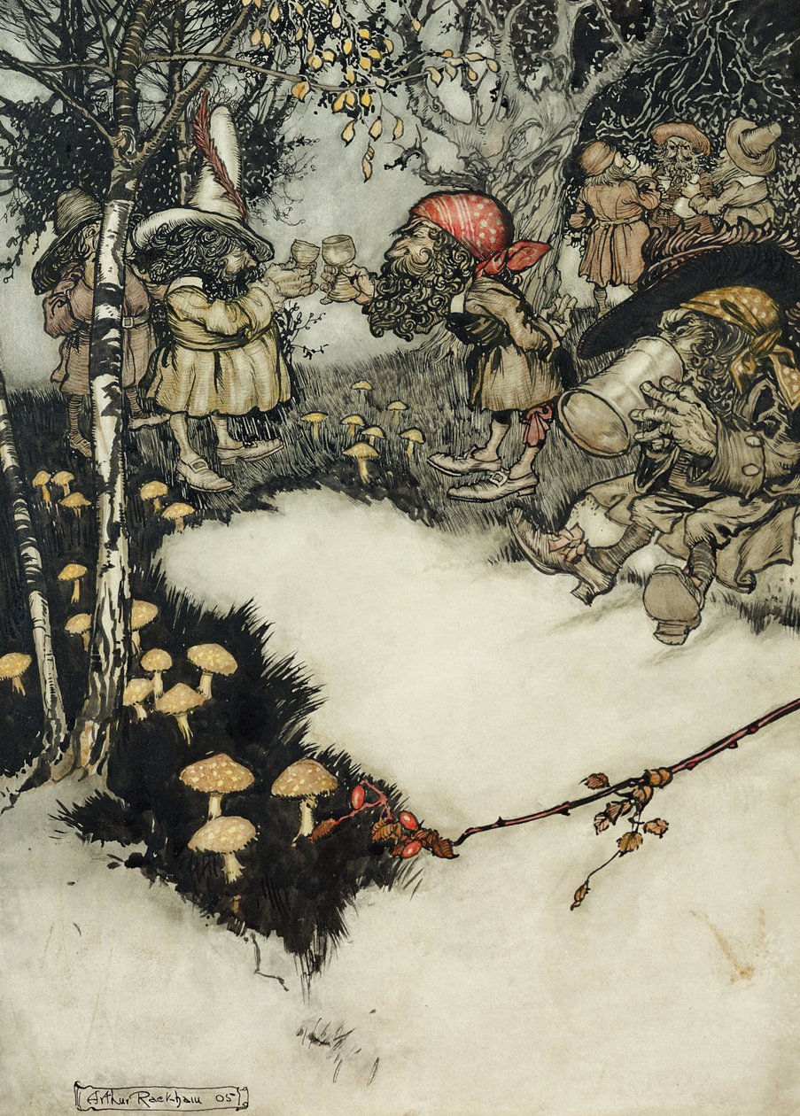De tok til seg brennevinet i dyp stillhet, 1905 (penn og inn og wc på papir) av Arthur Rackham