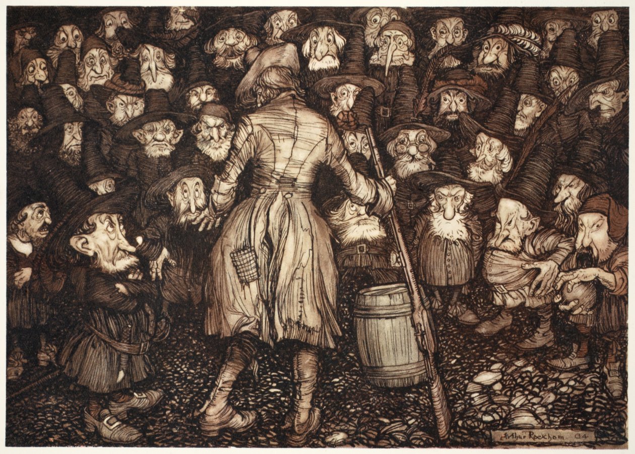 De stirret på ham med et så fast, statuelignende blikk at hjertet hans snudde seg i ham og knærne slo sammen., fra Rip Van Winkle av Washington Irving, pub. 1910 av Arthur Rackham