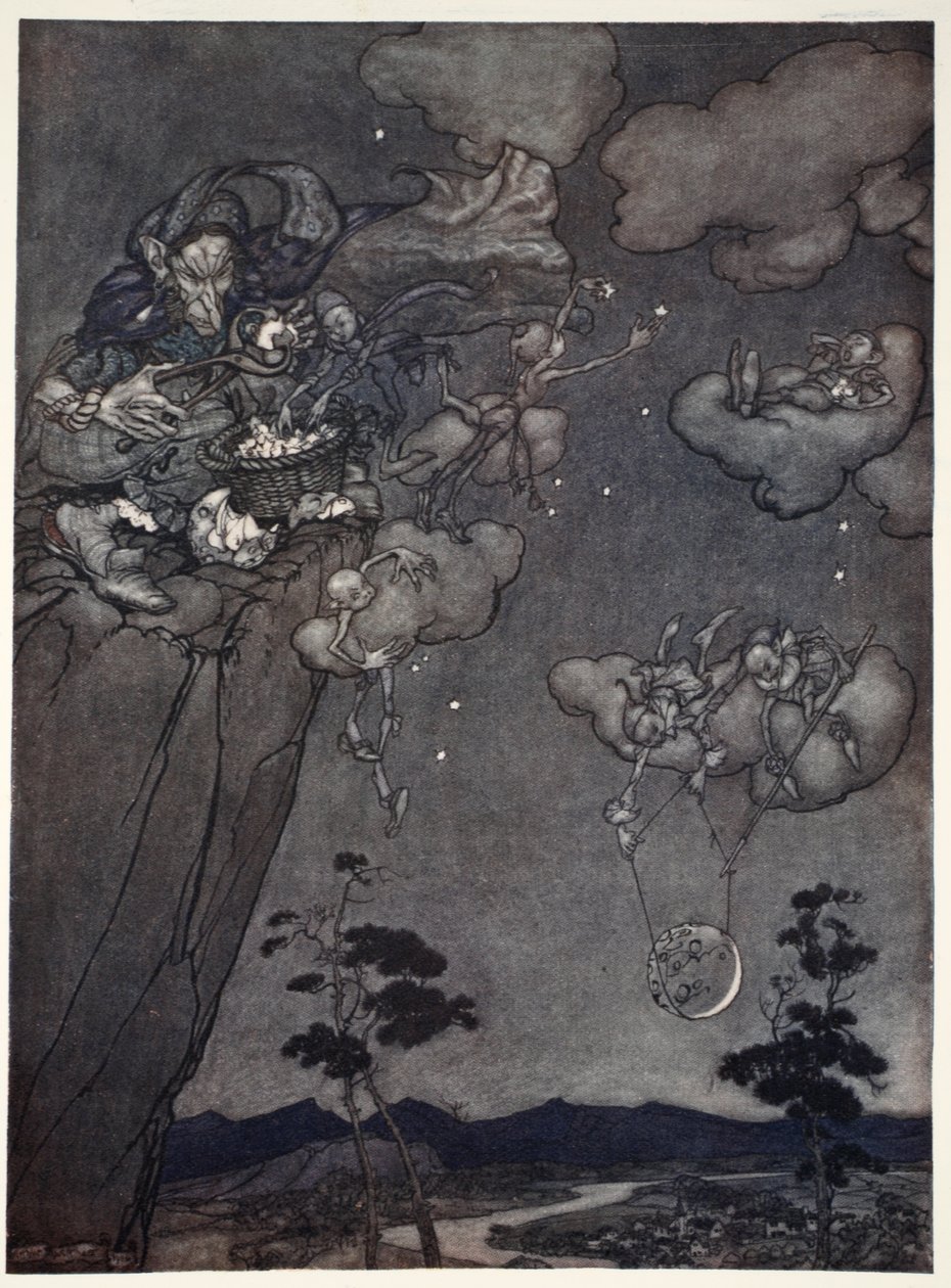 De ble styrt av en gammel squaw-ånd som hengte opp de nye månene på himmelen og kuttet opp de gamle til stjerner., fra Rip Van Winkle av Washington Irving, pub. 1910 av Arthur Rackham