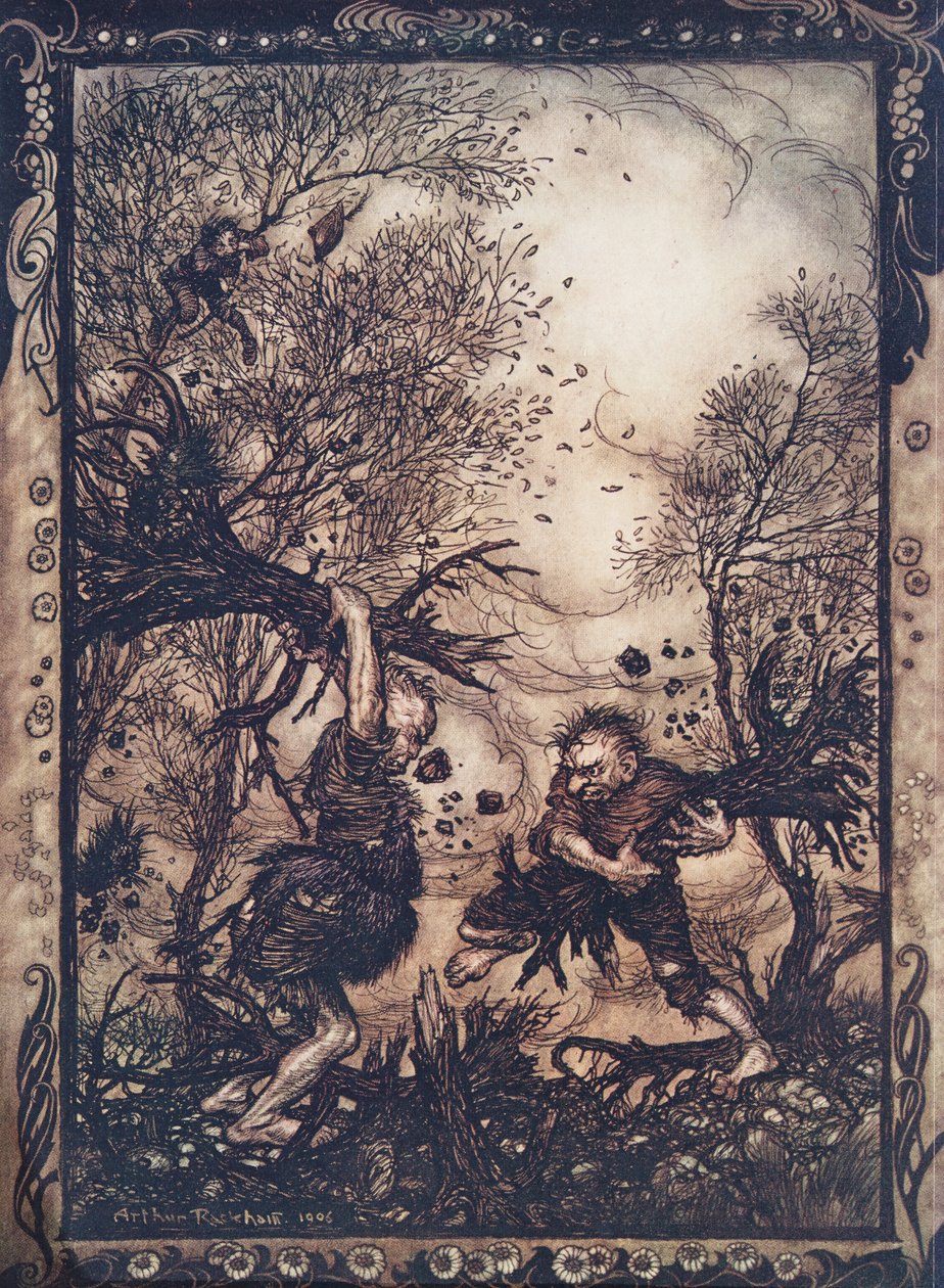 De ble så rasende at de rev opp trær med røttene og hakket på hverandre til de begge falt døde, fra The Fairy Tales of the Brothers Grimm, pub. 1909 av Arthur Rackham