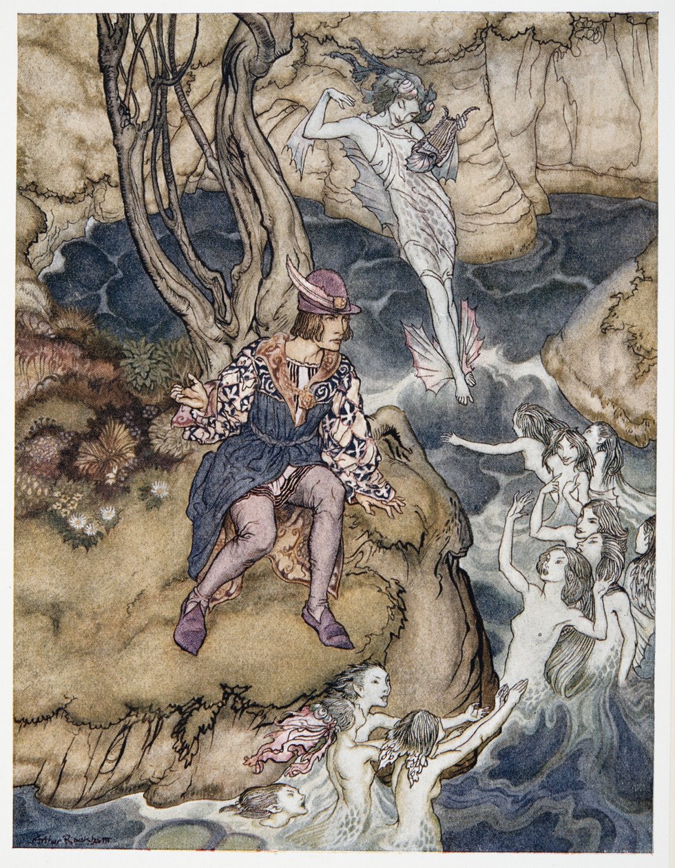 Denne musikken snek seg forbi be upon the waters, illustrasjon fra William Shakespeares The Tempest, pub. 1926 av Arthur Rackham