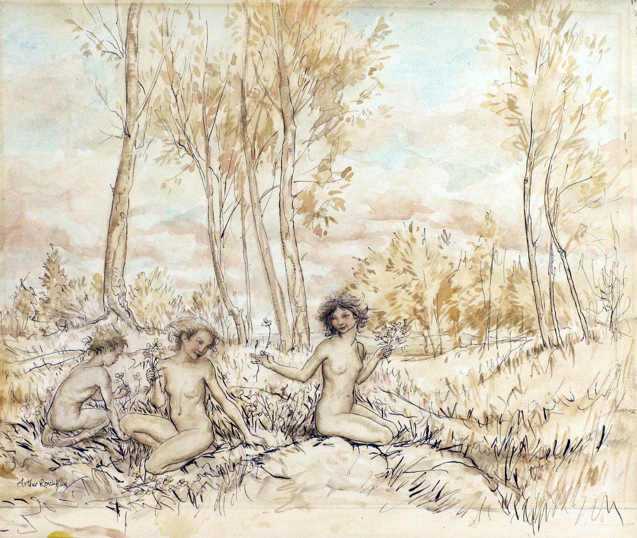 Tre trenymfer som samler blomster (penn og blekk og wc på papir) av Arthur Rackham