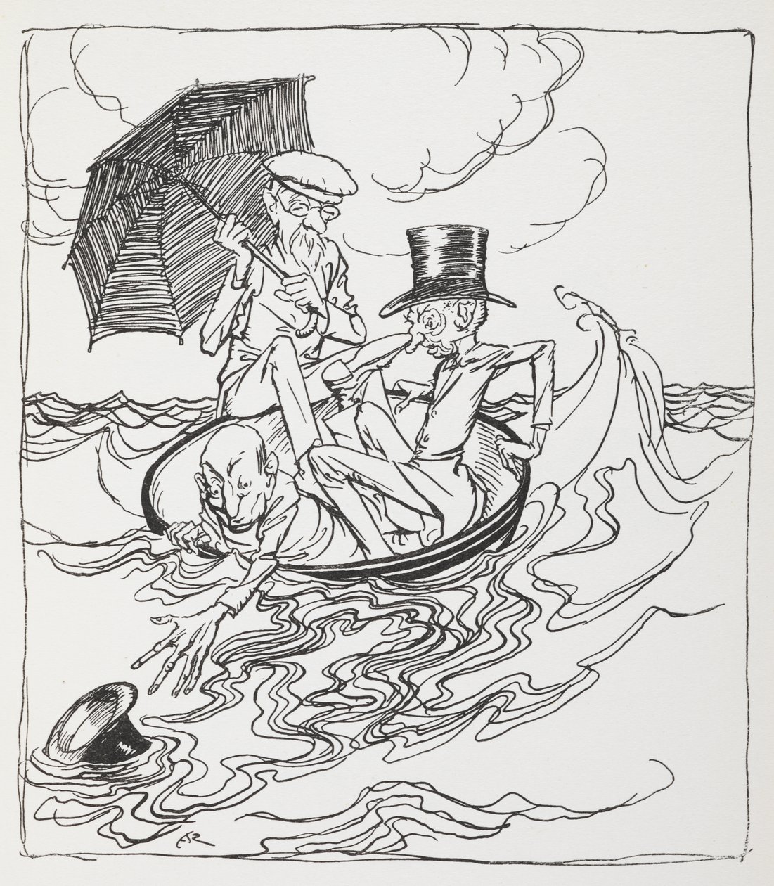 Tre menn i en bolle på sjøen. av Arthur Rackham