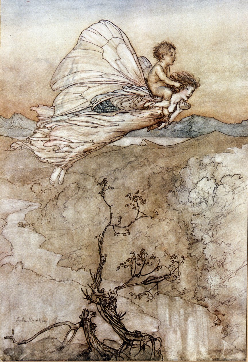 Titania the Queen of Fees flyr med byttebarnet sitt på ryggen. Illustrasjon av Arthur RACKHAM (1867-1939) for Drømmen om en sommernatt av William SHAKESPEARE av Arthur Rackham