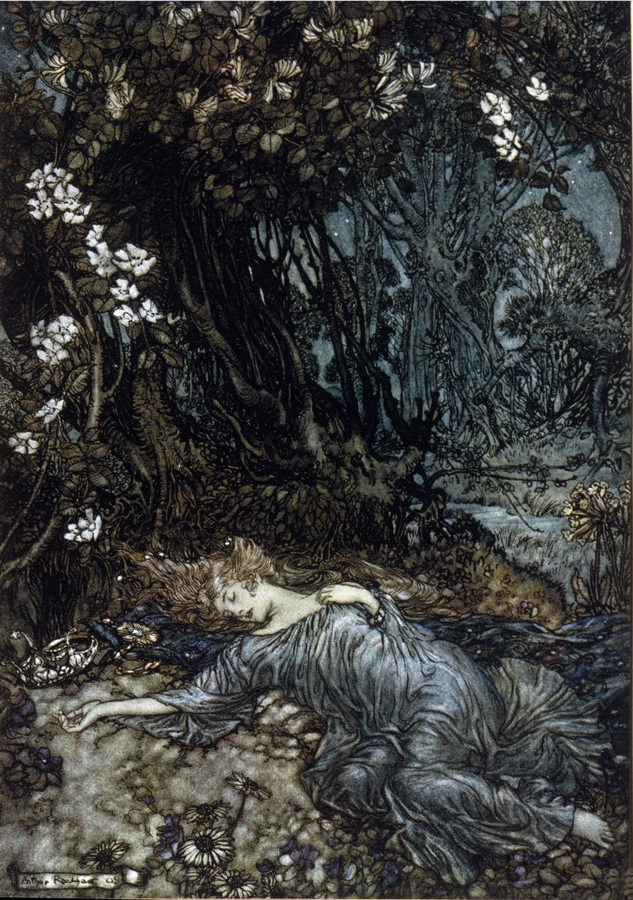 Titania the Queen of Fees sover. Illustrasjon av Arthur RACKHAM (1867-1939) for Drømmen om en sommernatt av William SHAKESPEARE av Arthur Rackham