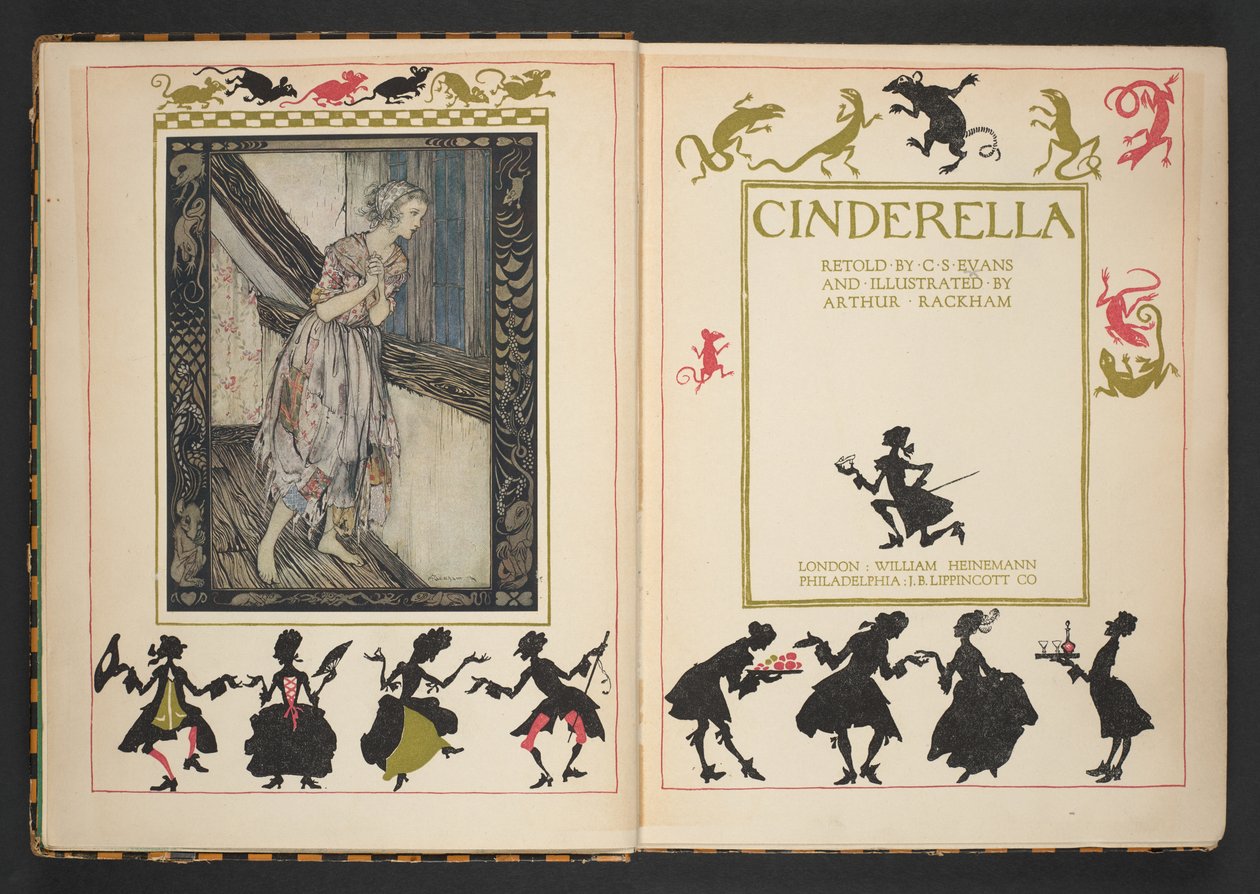 Tittelside og frontispice fra Askepott, gjenfortalt av C.S. Evans, og illustrert av Arthur Rackham av Arthur Rackham