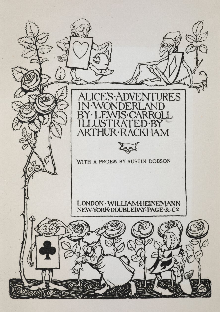 Tittelside med en rosebusk, den hvite kaninen og menn utkledd som kort av Arthur Rackham