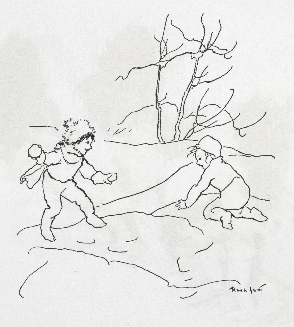 To barn i snøballkamp av Arthur Rackham