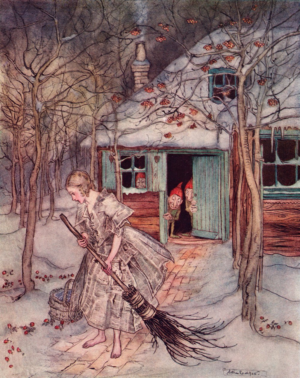 Hva fant hun der enn ekte modne jordbær. Illustrasjon av Arthur Rackham fra Grimm