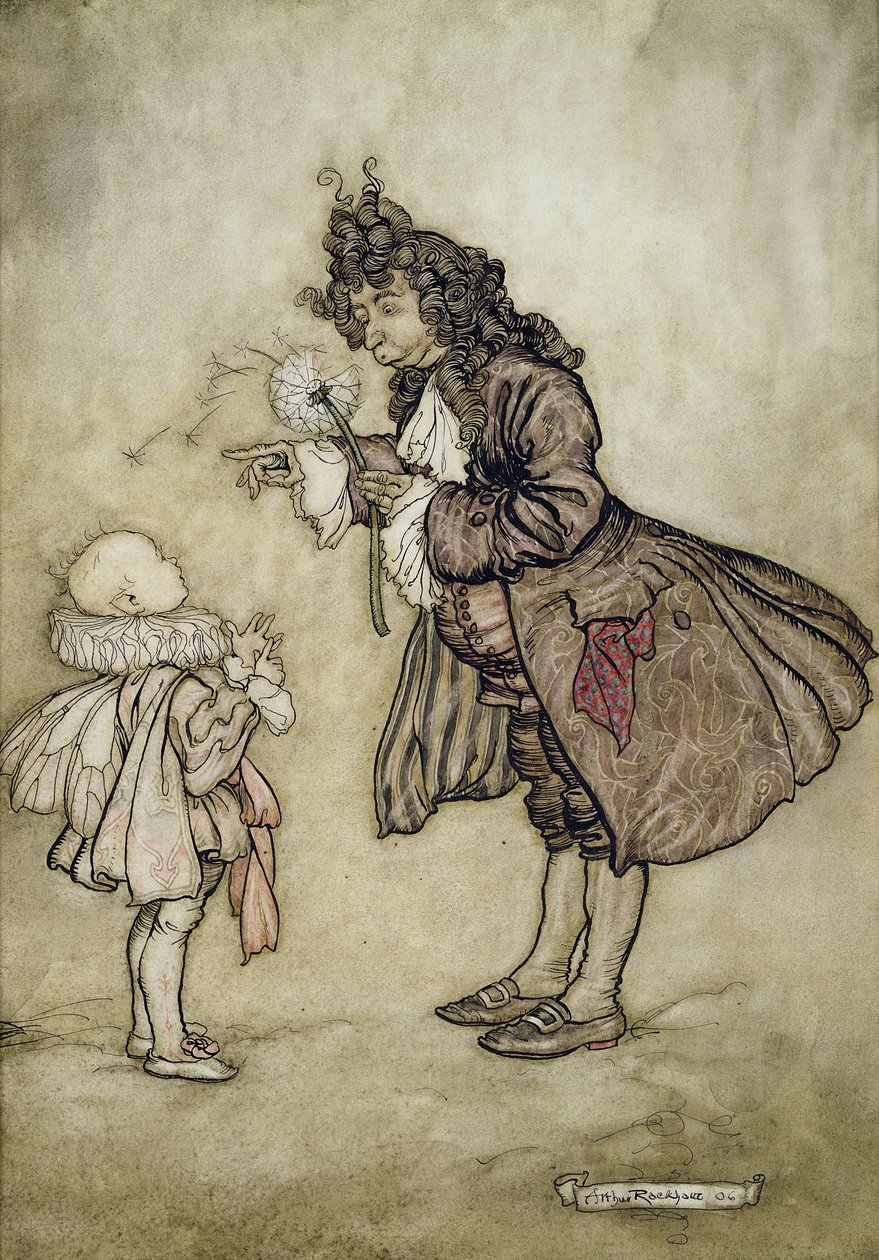 When Her Majesty Wants to Know the Time, fra Peter Pan i Kensington Gardens av J.M. Barrie, pub. av Hodder og Stoughton, 1906 (penn og blekk med wc på papir) av Arthur Rackham