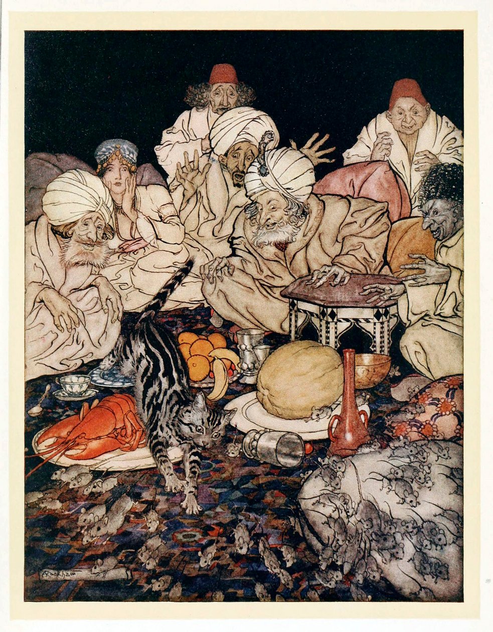 Da Puss så rottene og musene, ventet hun ikke på å bli fortalt, fra engelske Fairy Tales, pub. 1922. av Arthur Rackham