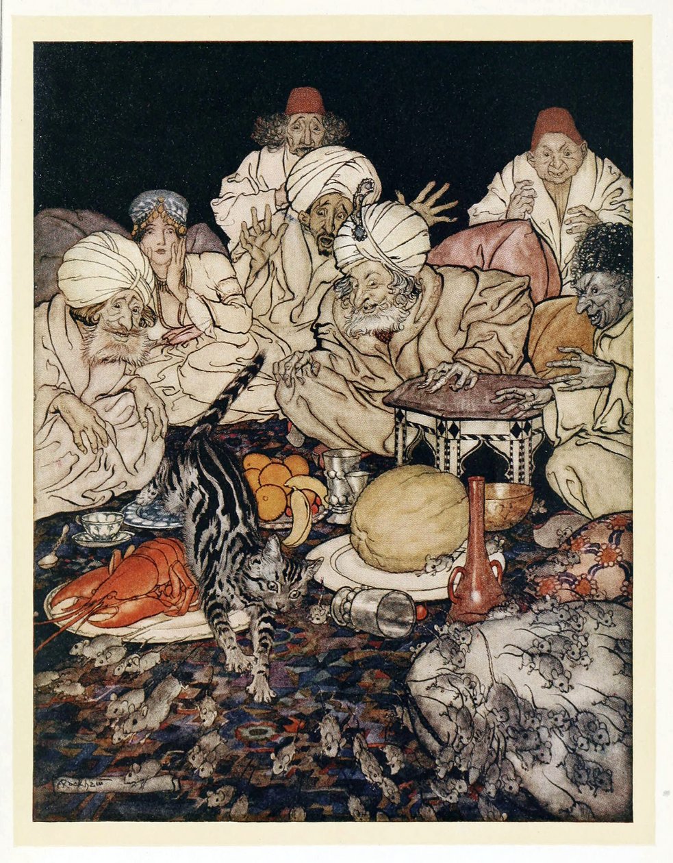 Da Puss så rottene og musene, ventet hun ikke på å bli fortalt, fra engelske Fairy Tales, pub. 1922 av Arthur Rackham