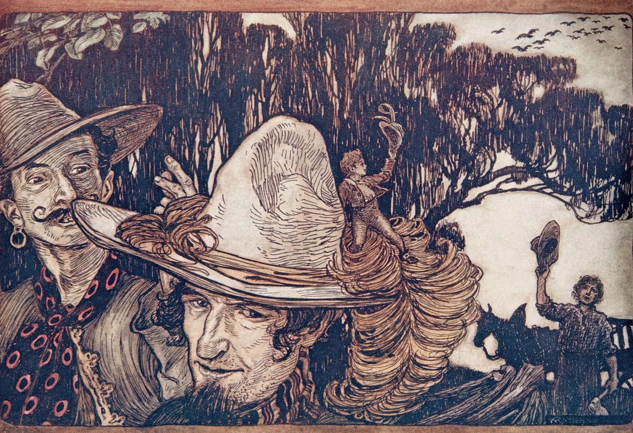 Da Tom hadde tatt farvel med faren sin, dro de bort med ham .. , fra The Fairy Tales of the Brothers Grimm, pub. 1909 av Arthur Rackham