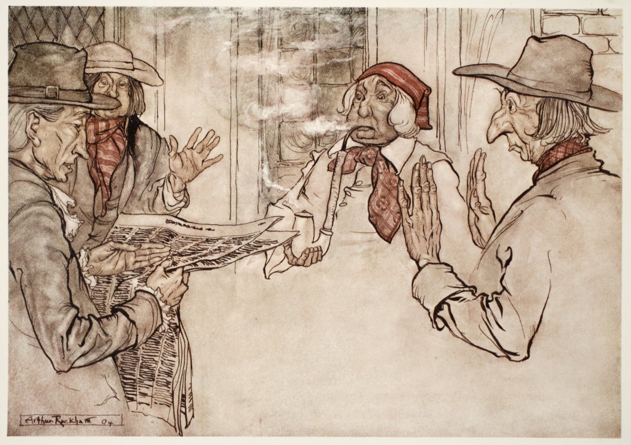 Når noe misfornøyde ham, ble han observert å røyke pipen hans heftig, og sende korte, hyppige og sinte drag., fra Rip Van Winkle av Washington Irving, pub. 1910 av Arthur Rackham