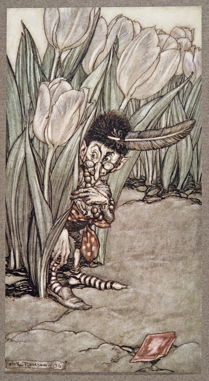 Da han hørte Peters stemme, spratt han skremt bak en tulipan, fra Peter Pan i Kensington Gardens av J M Barrie (1860 - 1937), pub. 1906 av Arthur Rackham