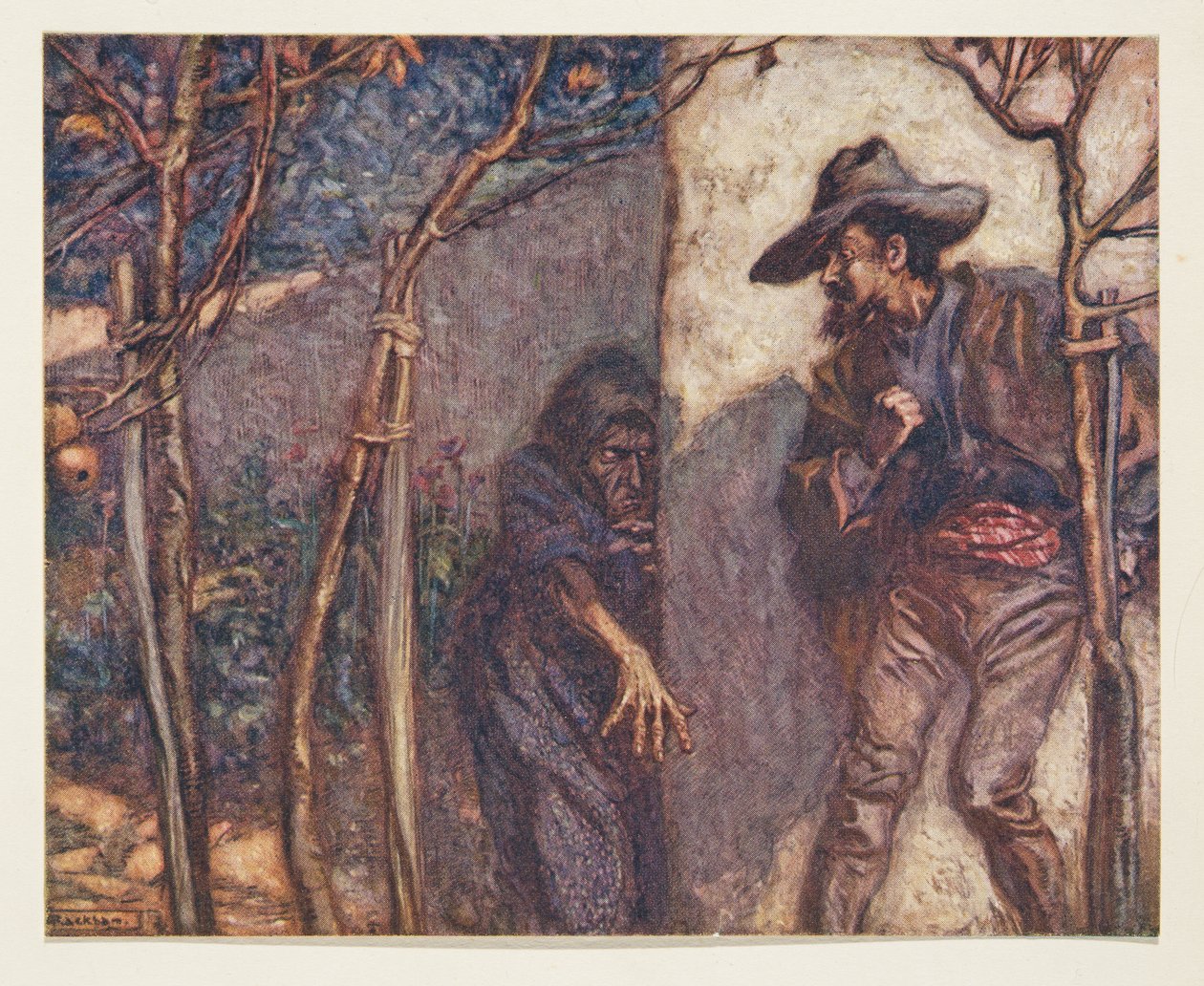 Da han gikk over veggen var han livredd for å se heksen foran seg, fra The Fairy Tales of the Brothers Grimm, pub. 1909 av Arthur Rackham