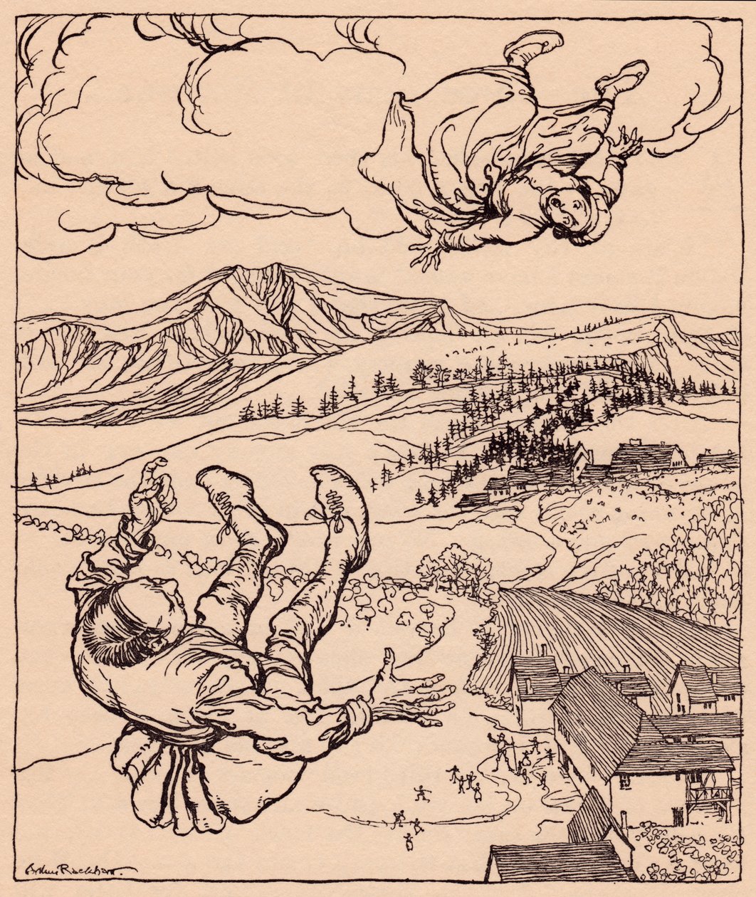 Da mannen hennes så henne, ropte han: Hei! kom til meg her". Illustrasjon av Arthur Rackham fra Grimm