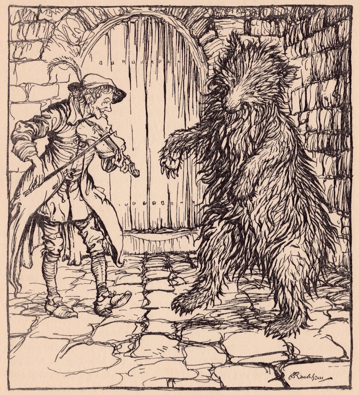 Da bjørnen hørte musikken kunne han ikke la være å begynne å danse. Illustrasjon av Arthur Rackham fra Grimm