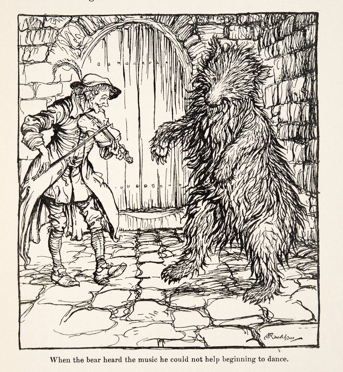 Da bjørnen hørte musikken kunne han ikke la være å begynne å danse, fra Little Brother & Little Sister and Other Tales av brødrene Grimm, pub.1917 (litho) av Arthur Rackham
