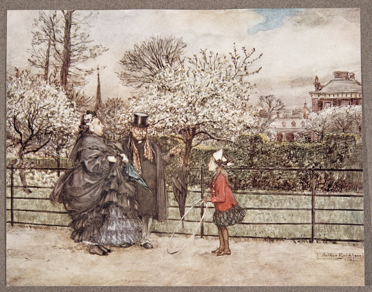 Når du møter Grown Up-mennesker i hagen som puster og blåser som om de trodde seg større enn de er .. , fra Peter Pan i Kensington Gardens av J M Barrie (1860 - 1937), pub. 1906 (kolo av Arthur Rackham