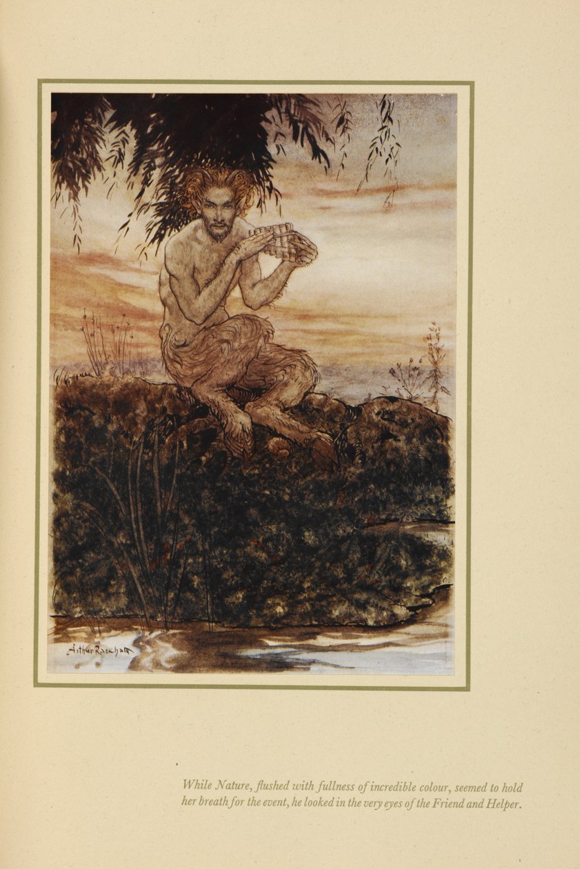 «Mens naturen, rødmet av utrolige farger, så ut til å holde pusten hennes for begivenheten, så han inn i øynene til vennen og hjelperen». Pan, sittende på en elvebredd. av Arthur Rackham