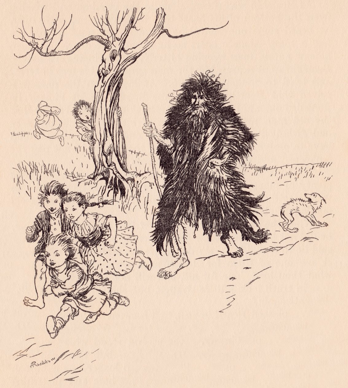 Den som så ham, stakk av. Illustrasjon av Arthur Rackham fra Grimm