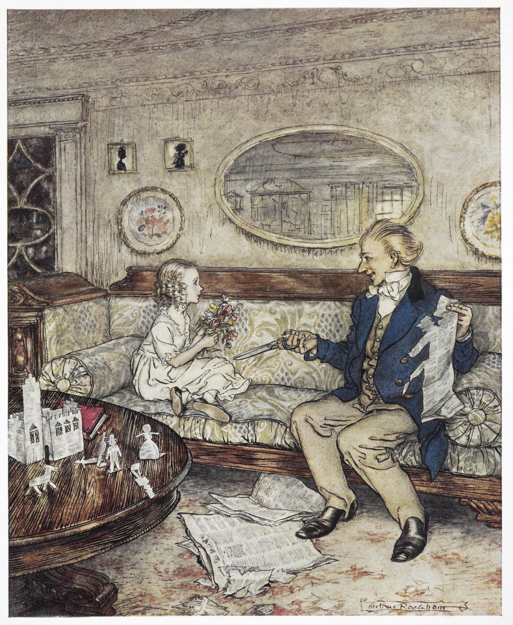 "Hvorfor ser blomstene mine så falmede ut i dag"? Fargeillustrasjon som viser en ung jente, Ida, som sitter på en sofa sammen med en ung mann, en student, som holder en saks. av Arthur Rackham