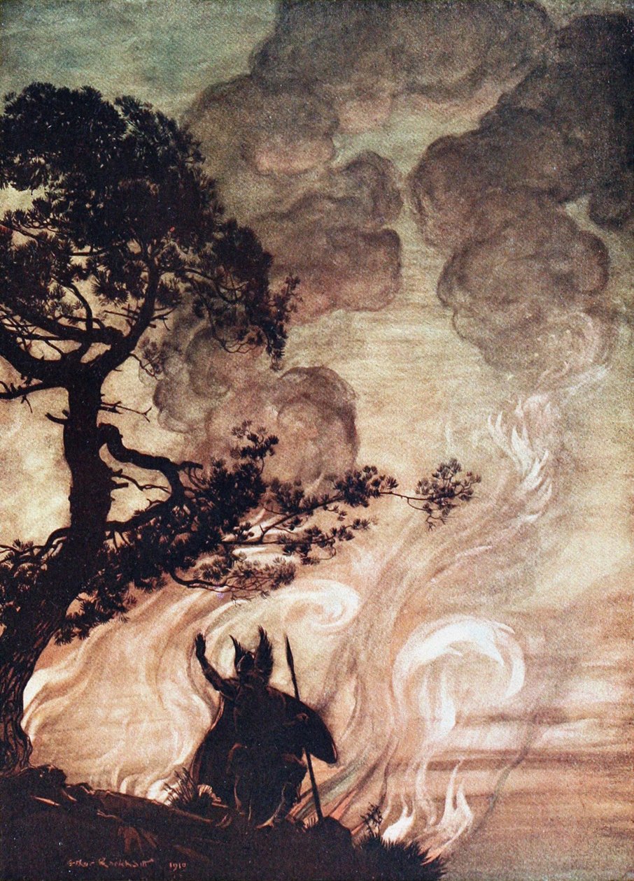 Wotan snur seg og ser bedrøvet tilbake på Brünnhilde. Illustrasjon for Rhinegold og Valkyr av Arthur Rackham
