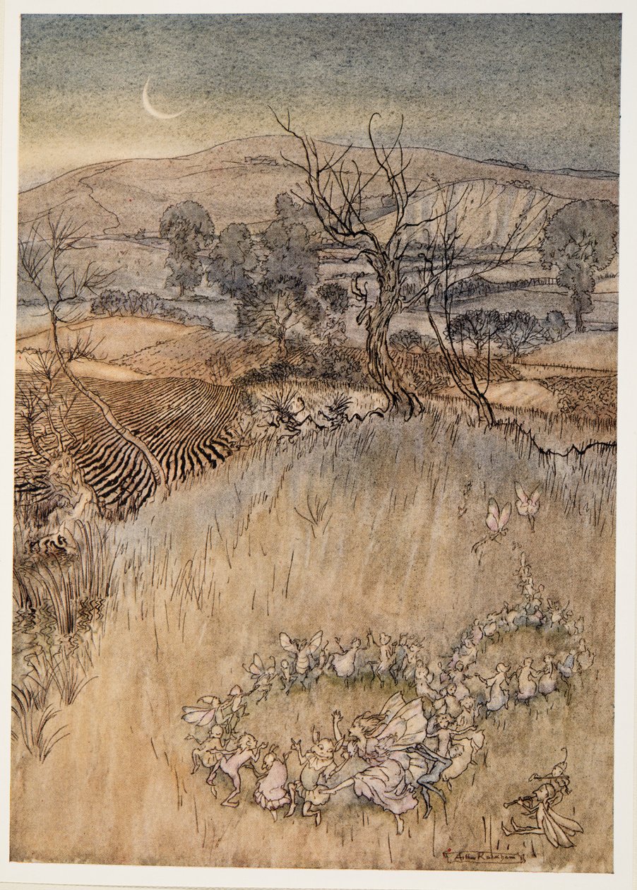 Dere halvdukker som ved måneskinn lager de grønne sure ringlets, illustrasjon fra William Shakespeares The Tempest, pub. 1926 av Arthur Rackham