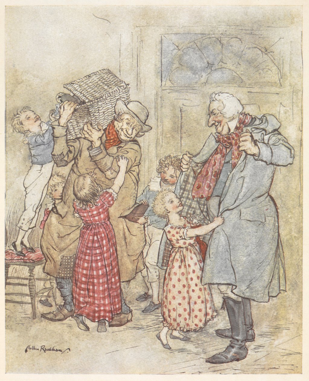 Små barn hjelper to eldre menn med kåpene når de går inn i et hus med julegaver av Arthur Rackham