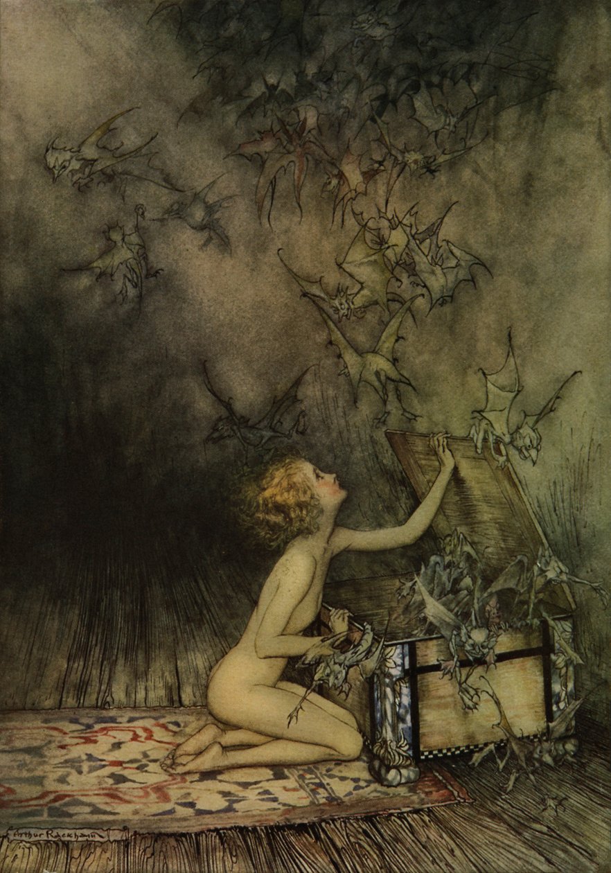 Ung jente og flaggermus-aktig av Arthur Rackham