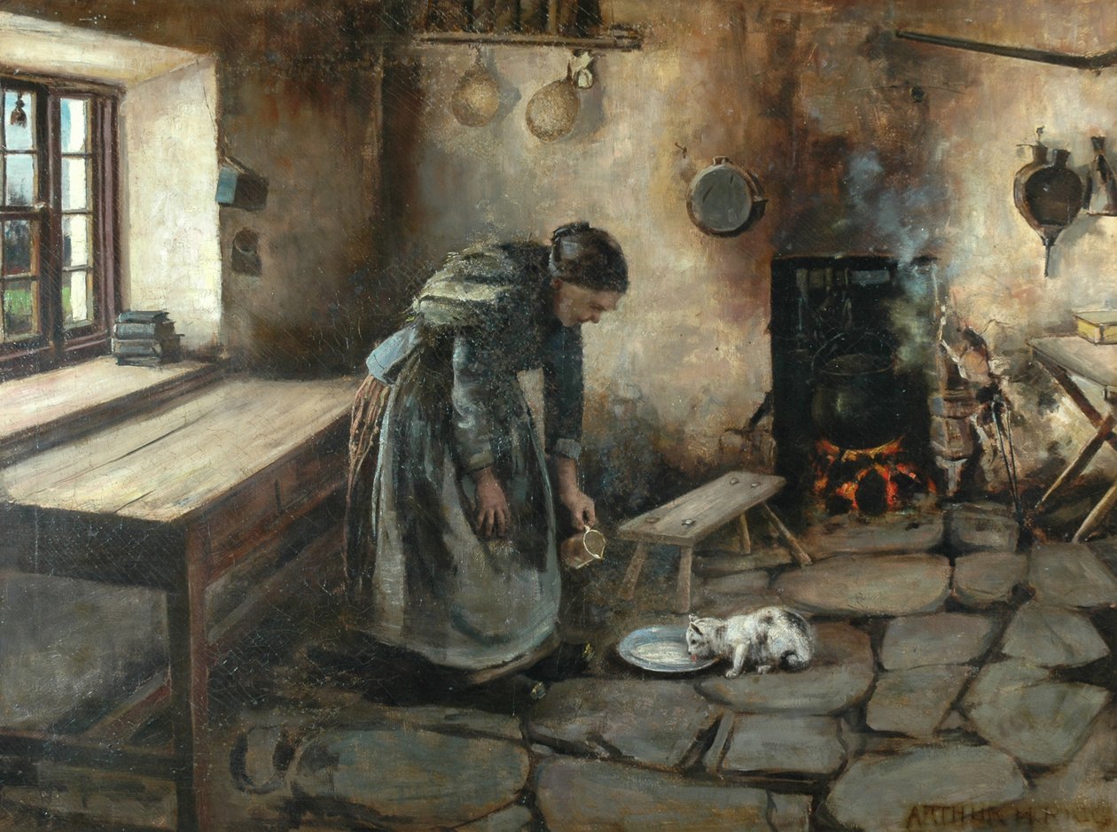 Farmhouse interiør (olje på lerret) av Arthur Rigg