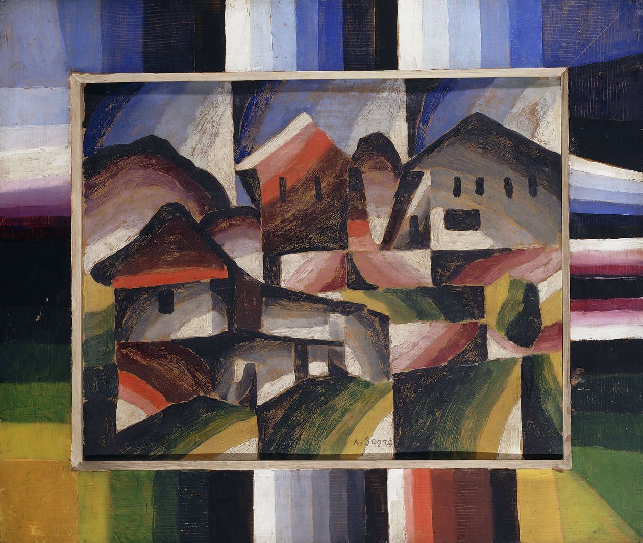 Hus i landskapet; Hauser i Landschaft, ca. 1920 (olje på lerret) av Arthur Segal