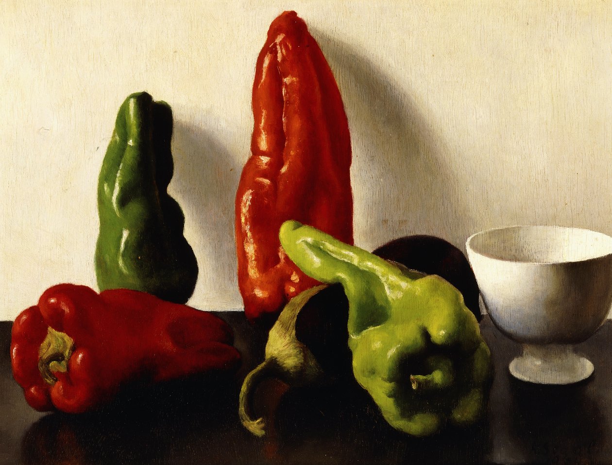 Stilleben med rød og grønn paprika av Arthur Segal