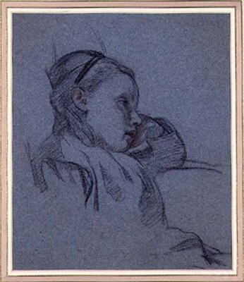 Portrett av en sittende jente, ca. 1870 (rødt og svart kritt på blått papir) av Arthur Stocks