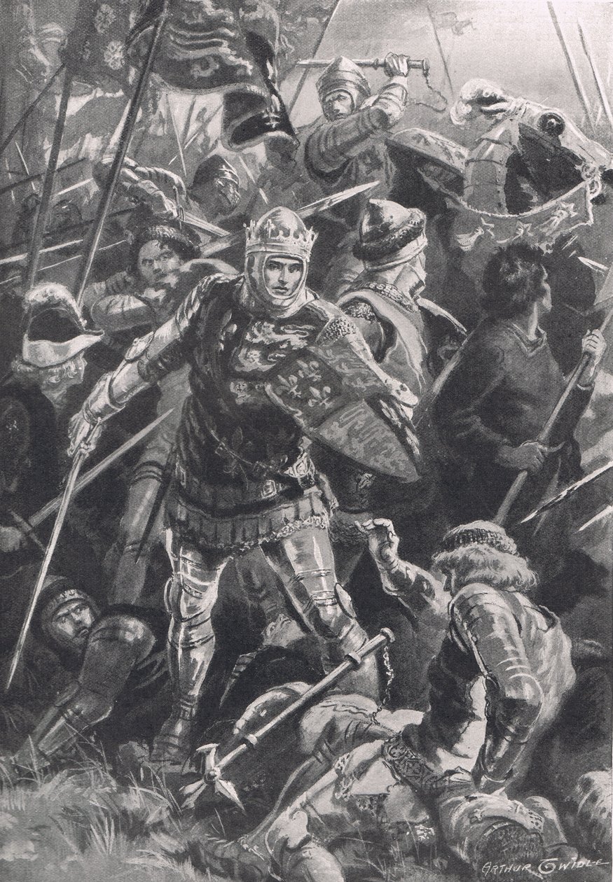 Henry V and the Duc D'Alencon i slaget ved Agincourt, 25. oktober 1415, illustrasjon fra 'British Battles on Land and Sea', utgitt av Cassell, London, ca. 1910 av Arthur Twidle
