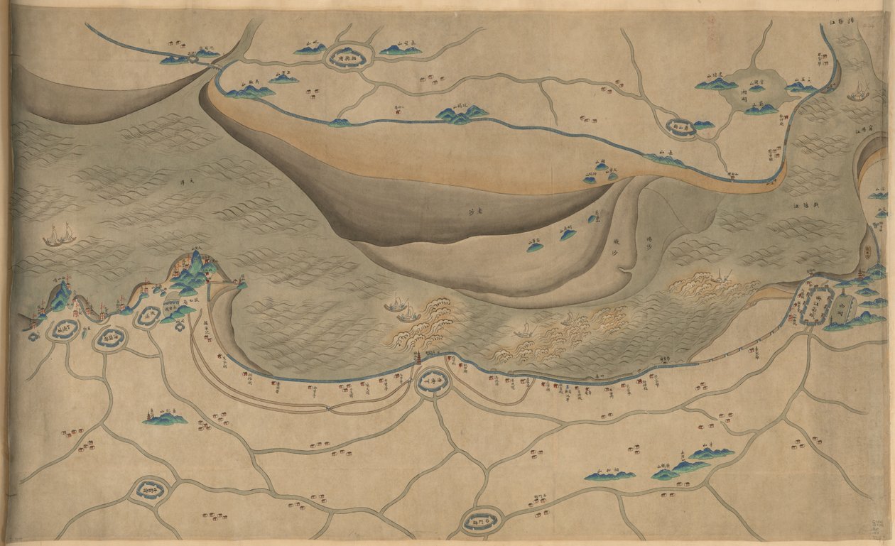 120 000. medfølgende. Orientert med nord til bunn. Relieff vist billedmessig. Bildekart. Hummel kjøp 1930, nr. 34. Viser området langs Qiantang-elven, spesielt delen av Hangzhou-bukten i Zhejiang-provinsen. Tilgjengelig også gjennom biblioteket o av Arthur W. Hummel