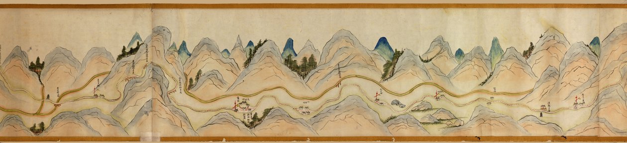 16 000. medfølgende. Orientert med nord til høyre. Relieff vist billedmessig. Fugleperspektiv. Dekker Wei-elven i Baoji Xian, Shanxi Sheng til Shu Dao i Shanxi-Sichuan-grensen. Viser boplasser, rasteplasser, stasjoner, vertshus, templer, fjelloverganger, w av Arthur W. Hummel