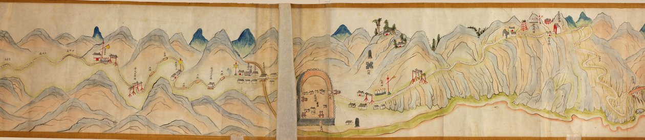 16 000. medfølgende. Orientert med nord til høyre. Relieff vist billedmessig. Fugleperspektiv. Dekker Wei-elven i Baoji Xian, Shanxi Sheng til Shu Dao i Shanxi-Sichuan-grensen. Viser boplasser, rasteplasser, stasjoner, vertshus, templer, fjelloverganger, w av Arthur W. Hummel