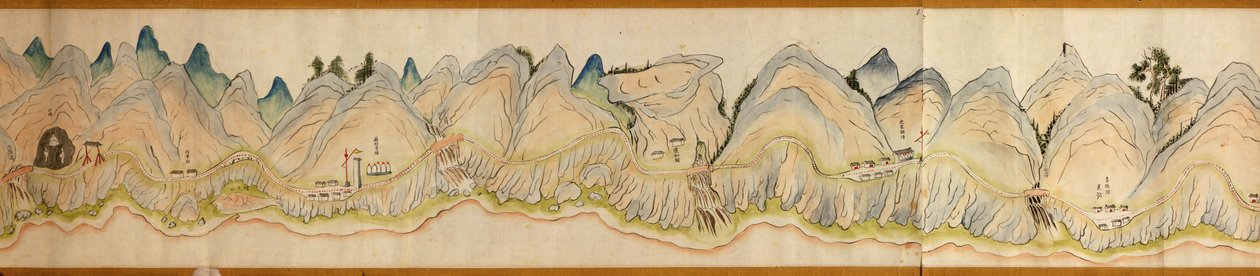 16 000. medfølgende. Orientert med nord til høyre. Relieff vist billedmessig. Fugleperspektiv. Dekker Wei-elven i Baoji Xian, Shanxi Sheng til Shu Dao i Shanxi-Sichuan-grensen. Viser boplasser, rasteplasser, stasjoner, vertshus, templer, fjelloverganger, w av Arthur W. Hummel